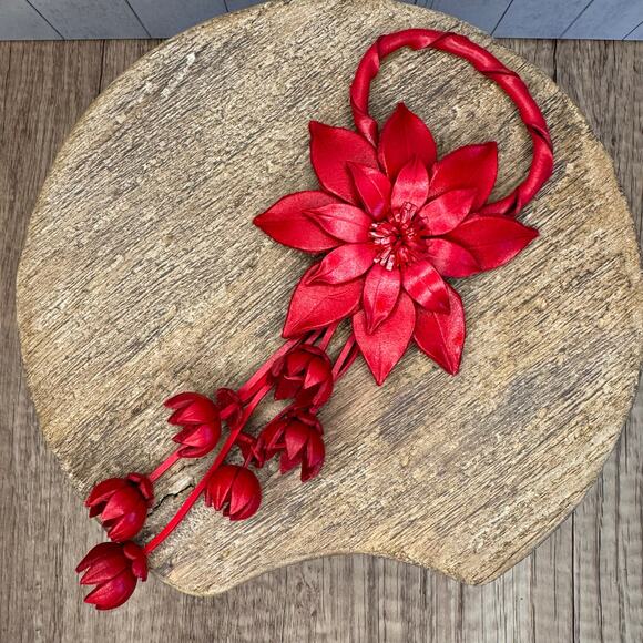 Leather Flower Purse Charm Genuine Leather Red Poinsettia Flower Bag Charm NEW - Picture 4 of 9